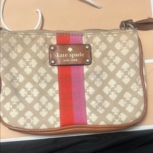 kate spade Beige Canvas Wristlet with Pink and Red Center Stripe